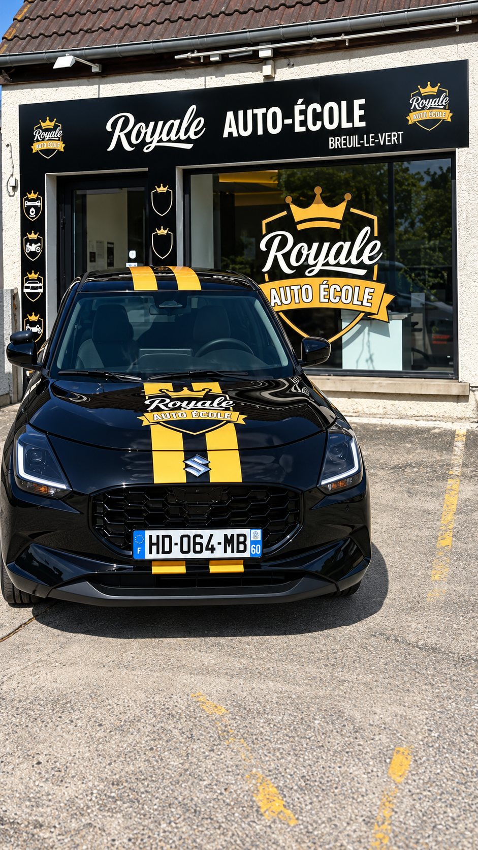 Voiture école noire aux bandes jaunes devant l’agence